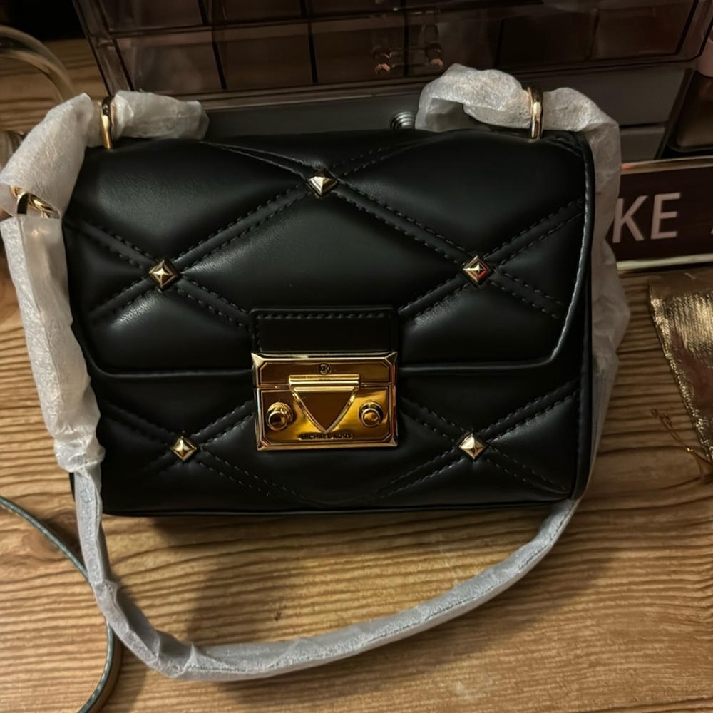 Michael Kors Black Quilted Leather Bag with Gold Accents